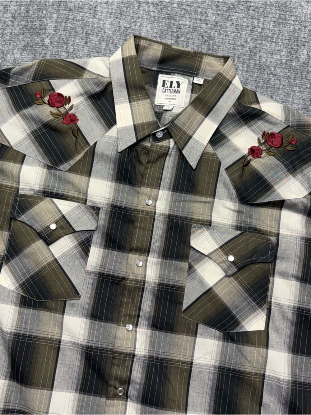 Ely Cattleman Pearl Snap Shirt Mens 2XL Brown Plaid Embroidered Roses Western